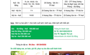 BẢNG GIÁ CHẤT LƯỢNG CAO DCAR LIMOUSHINE   Note : Dịch vụ bao gồm 1 chai nước suối lạnh, bánh quy, khăn lạnh wifi miễn phí  Giá :  Đà Nẵng-Huế  200.000 vnđ                                   Thông tin thanh toán       Huế-Đà Nẵng 200.000 vnđ                
