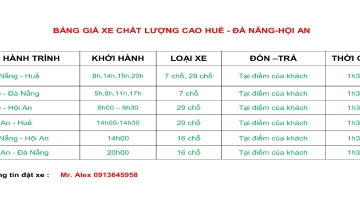 LỊCH KHỞI HÀNH XE ĐÀ NẴNG ĐI HUẾ